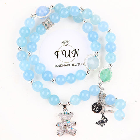 8MM+10MM Multi-Layer Aquamarine Chalcedony Bead With Bear Natural Handmade Crystal Bracelet FJHMACB001