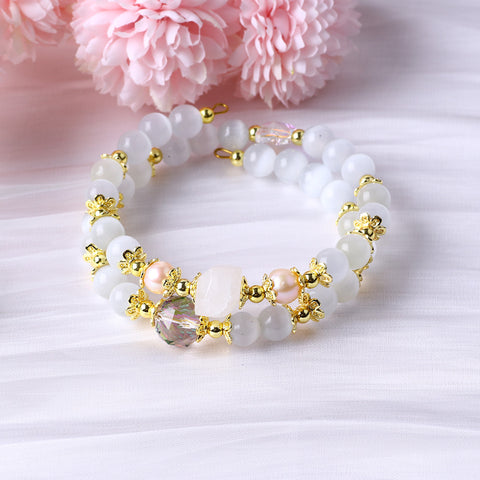 8MM White Cat Eye Bead Natural Handmade Crystal Bangle FJHWCB001