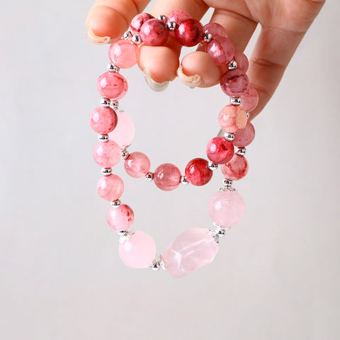 10MM+14MM Pink Afghan Jade Bead Multi-Layer Natural Handmade Crystal Bracelet FJHMPB001