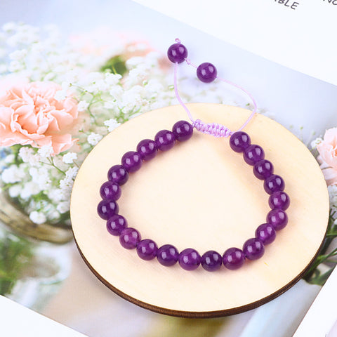 8MM Purple Round Beads Natural Handmade Crystal Adjustable Braided Macrame Tassels Bracelet FJHPRAB001