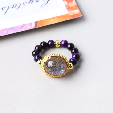 4MM Purple Tiger Eye Beads Natural Handmade Crystal Adjustable Ring FJHPTR001