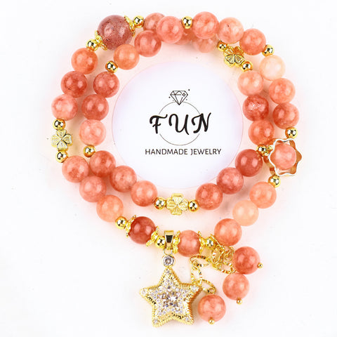 8MM+10MM Multi-Layer Sun Stone Beads With Star Natural Handmade Crystal Bracelet FJHMSSB001