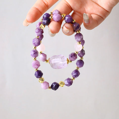 8MM+14MM Purple Mica Bead Multi-Layer Natural Handmade Crystal Bracelet FJHMPMB001