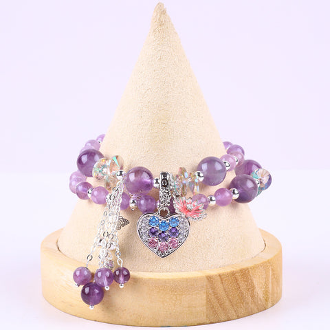 8MM Multi-Layer Purple Bead with Heart Natural Handmade Crystal Bracelet FJHMPHB001