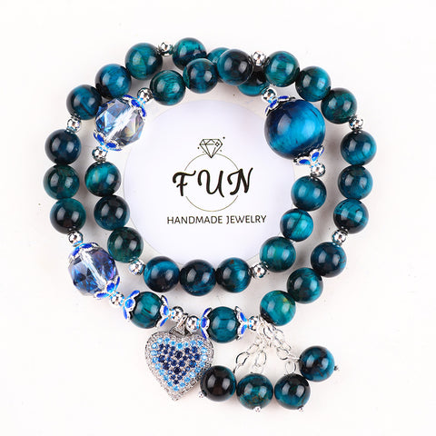 8MM+14MM Multi-Layer Blue Tiger Eye Bead With Heart Natural Handmade Crystal Bracelet FJHMBTEB001