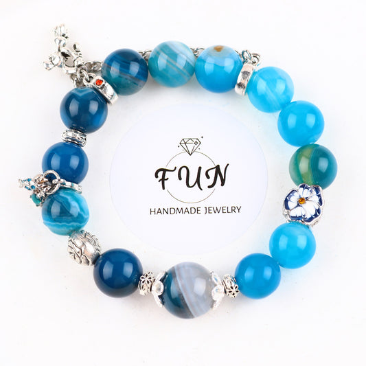 12MM Blue Striped Agate Bead with Mickey Mouse Natural Handmade Crystal Bracelet FJHBSAB001