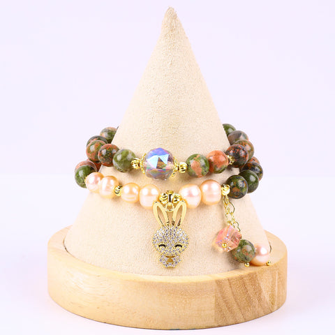 8MM Multi-Layer Unakite Bead with Rabbit Natural Handmade Crystal Bracelet FJHMURB001