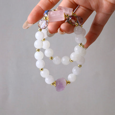 10MM+12MM White Jade Pink Quartz With Amethyst Bead Multi-Layer Natural Handmade Crystal Bracelet FJHMWJB001