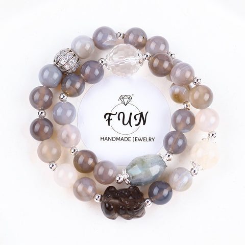 10MM+12MM+14MM Multi-Layer Gray Agate Bead With PiXiu Natural Handmade Crystal Bracelet FJHMGAB001