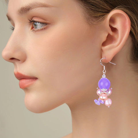 15.5g/pc Purple Chalcedony Bead with Pink Baroque Pearls Natural Handmade Crystal Earrings FJHPCE001