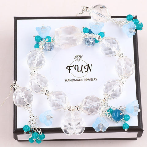 Clear Quartz Bead with Blue Flower Fox Charm Natural Handmade Crystal Set including Earring and Bracelet FJHCBS001