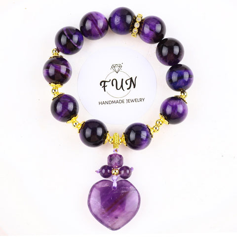 14MM Dark Amethyst Bead with Purple Heart Natural Handmade Crystal Bracelet FJHDABB001