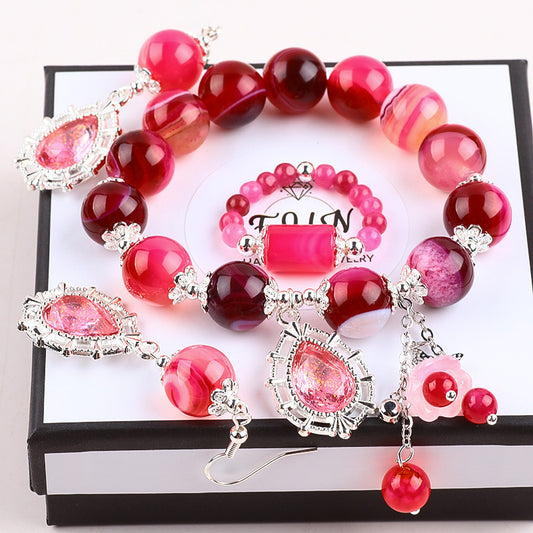 Hot Pink Bead Natural Handmade Crystal Set including Earring and Bracelet FJHHPS001