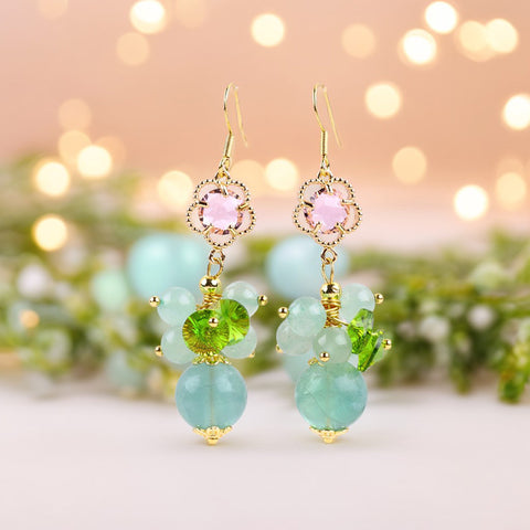 Fluorite Bead with Clover Natural Handmade Crystal Earrings FJHFCE001