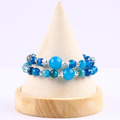 8MM Blue Striped Agate Bead Natural Handmade Crystal Bangle FJHDBAB001