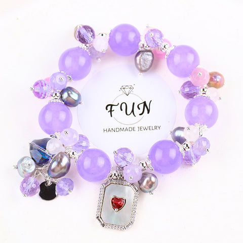 14MM Purple Chalcedony Bead with Pearl and a Red Heart in Rectangle Natural Handmade Crystal Bracelet FJHPCBB001