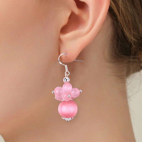 10g/pc Pink Cat's Eye Flower Bead Natural Handmade Crystal Earrings FJHPE001