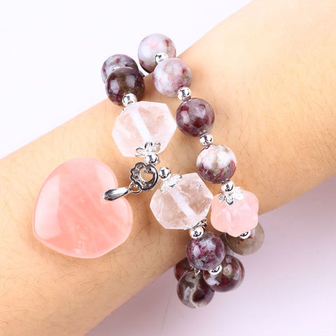 10MM Plum Blossom Tourmaline with Pink Heart   Multi-Layer Bead Natural Handmade Crystal Bracelet FJHMPP001