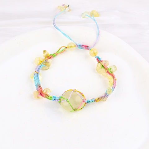 Random Stones with Flower chips Natural Handmade Crystal Adjustable Braided Macrame Tassels Bracelet FJHFTB001