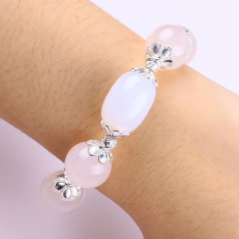 14MM White Agate with Heart Bead Natural Handmade Crystal Bracelet FJHWB002