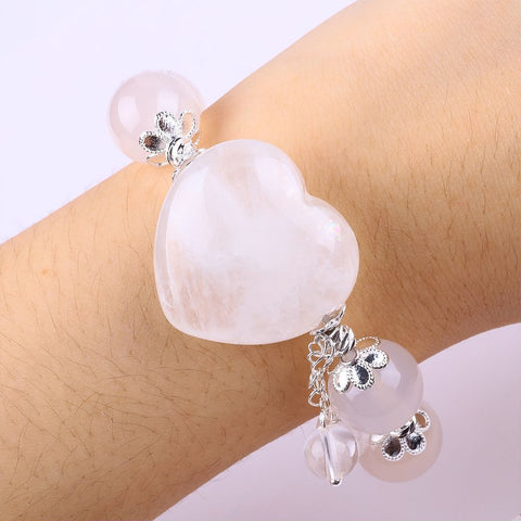 14MM White Agate with Heart Bead Natural Handmade Crystal Bracelet FJHWB002