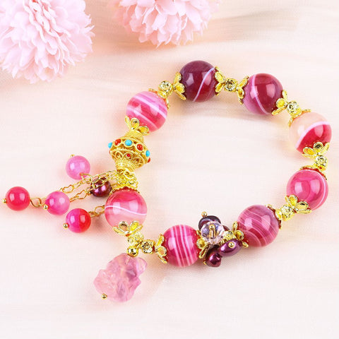 14MM Hot Pink Agate Bead Natural Handmade Crystal Bracelet FJHHPB001