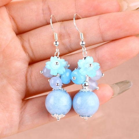 19g/pc Aquamarine Bead With Flower Natural Handmade Crystal Earrings FJHMABE001