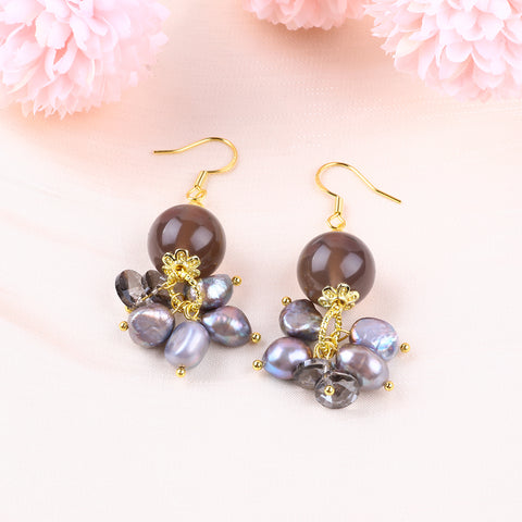 16.5g/pc Gray Agate Bead with Gray Baroque Pearl Natural Handmade Crystal Earrings FJHPGE001