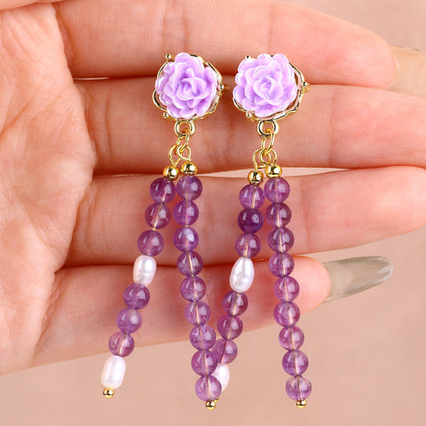 14g/pc Amethyst Bead With Flower Natural Handmade Crystal Earrings FJHNAFE001