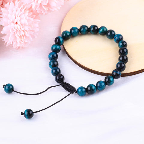 8MM Blue Tiger Eye Round Beads Natural Handmade Crystal Adjustable Braided Macrame Tassels Bracelet FJHBRB001