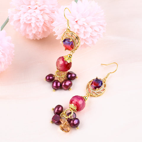 16g/pc Rose Red Agate with Pearl Bead Natural Handmade Crystal Earrings FJHPRRE001