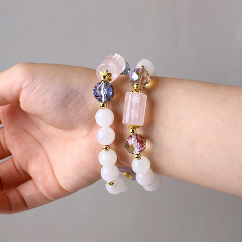 10MM+12MM White Jade Pink Quartz With Amethyst Bead Multi-Layer Natural Handmade Crystal Bracelet FJHMWJB001