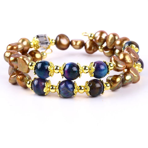 8MM Rainbow Tiger Eye Bead with Brown Baroque Pearls Natural Handmade Pearl Bangle FJHPDRTB001