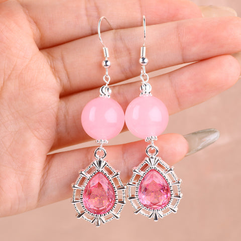 21g/pc Rose Quartz Bead Water Drop Natural Handmade Crystal Earrings FJHRQE001