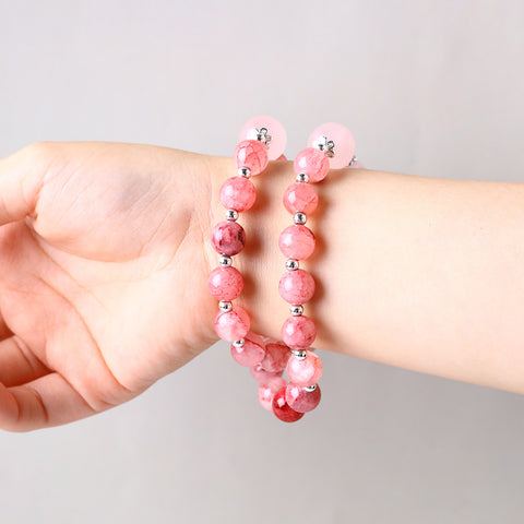 10MM+14MM Pink Afghan Jade Bead Multi-Layer Natural Handmade Crystal Bracelet FJHMPB001