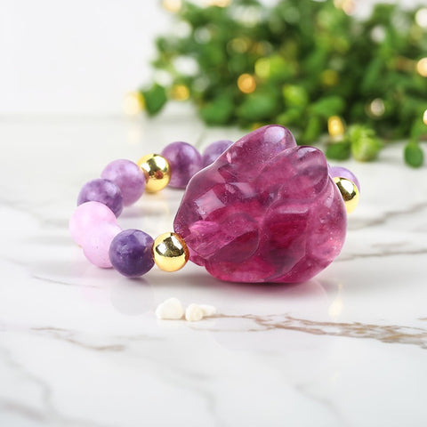 4MM Purple Mica Beads with Rabbit Carving Natural Handmade Crystal Adjustable Ring FJHPMR001