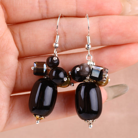 23g/pc Black Obsidian Bead Natural Handmade Crystal Earrings FJHBOE001