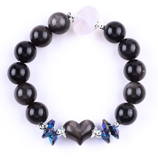 14MM Black Obsidian with Heart Bead Natural Handmade Crystal Bracelet FJHBBOO1