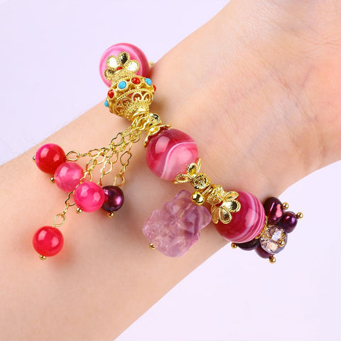 14MM Hot Pink Agate Bead Natural Handmade Crystal Bracelet FJHHPB001