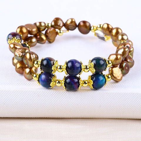 8MM Rainbow Tiger Eye Bead with Brown Baroque Pearls Natural Handmade Pearl Bangle FJHPDRTB001