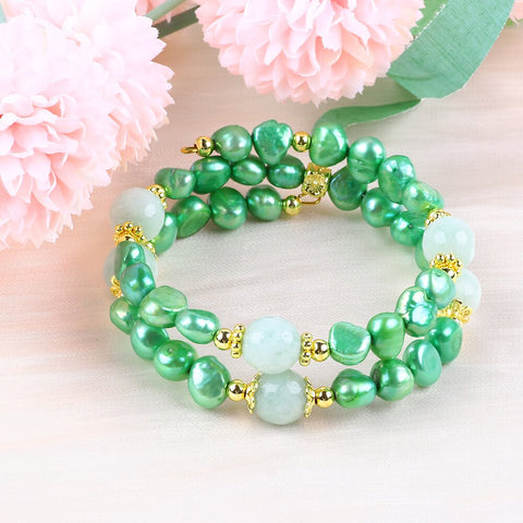 8MM Green Pearl Bead Natural Handmade Pearl Bangle FJHPDGB001