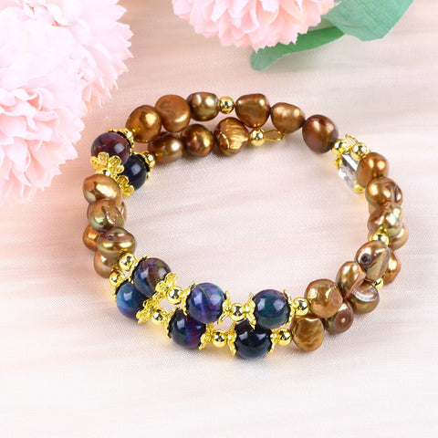 8MM Rainbow Tiger Eye Bead with Brown Baroque Pearls Natural Handmade Pearl Bangle FJHPDRTB001