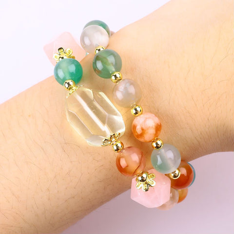 10MM+14MM Cherry Blossoms Agate  Multi-Layer Bead Natural Handmade Crystal Bracelet FJHMC001