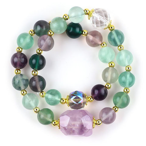 10MM+14MM Fluorite Stone Multi-Layer Bead Natural Handmade Crystal Bracelet FJHMF001