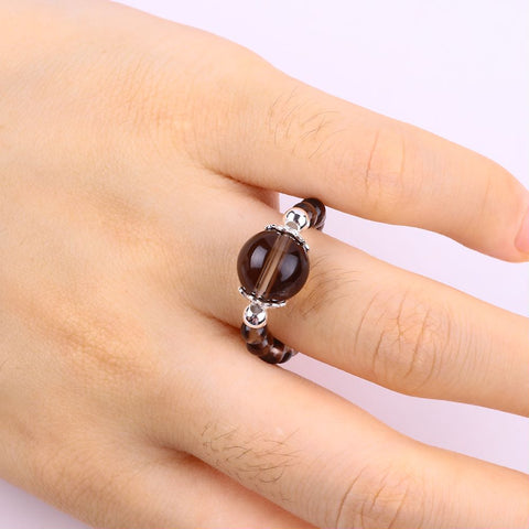 4MM Smoky Quartz Bead Natural Handmade Crystal Adjustable Ring FJHSQR001