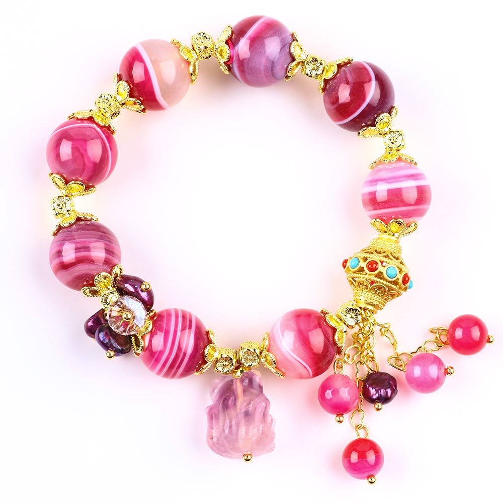 14MM Hot Pink Agate Bead Natural Handmade Crystal Bracelet FJHHPB001