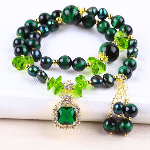 8MM Dark Green Tiger's Eye  Multi-Layer Bead Natural Handmade Crystal Bracelet FJHMGT001