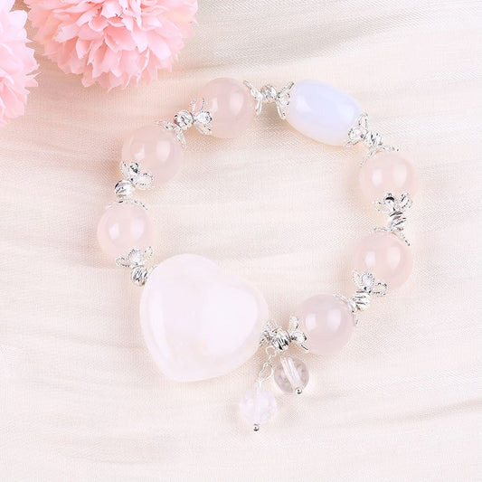 14MM White Agate with Heart Bead Natural Handmade Crystal Bracelet FJHWB002