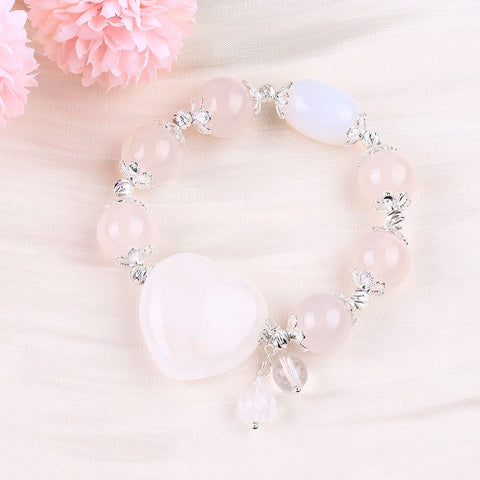 14MM White Agate with Heart Bead Natural Handmade Crystal Bracelet FJHWB002