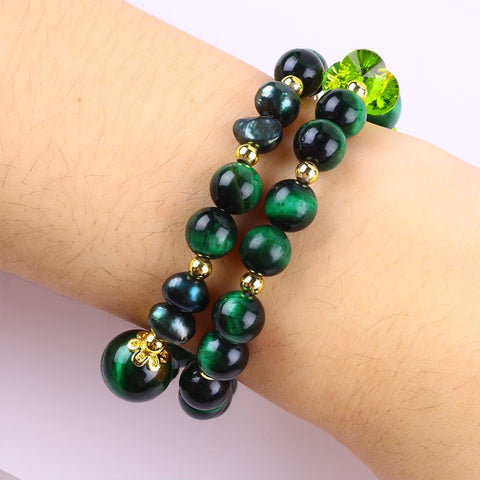 8MM Dark Green Tiger's Eye  Multi-Layer Bead Natural Handmade Crystal Bracelet FJHMGT001